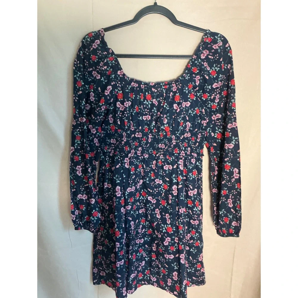 BP Floral Long Sleeve Dress Kids Medium Navy Blue Excellent Smocked Square Neck